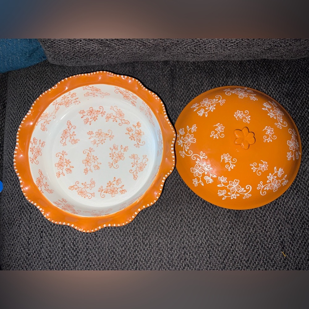 Temptations Floral Lace Pumpkin Scalloped Covered 9" Pie Casserole Lid Ovenware - Picture 3 of 4